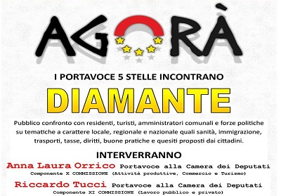 Agorà pubblica del Movimento 5 stelle, a Diamante i deputati Anna Laura Orrico e Riccardo Tucci