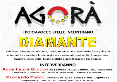 Agorà pubblica del Movimento 5 stelle, a Diamante i deputati Anna Laura Orrico e Riccardo Tucci