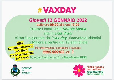 Maierà. Giorno 13 gennaio il Vax Day per adulti e bambini senza prenotazione