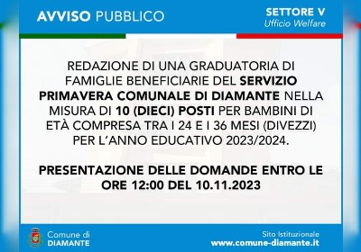 Comune di Diamante: Pubblicato l’avviso pubblico Sezione Primavera rivolto alle famiglie