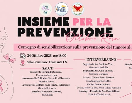 Diamante: “Insieme per la prevenzione”, il 24 ottobre un convegno dedicato all’Ottobre Rosa